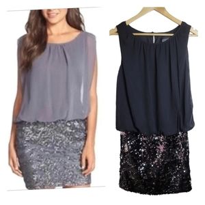 NWT Adrianna Papell Sequin Mini Blouson Dress Black Silver Cocktail Party Size 4